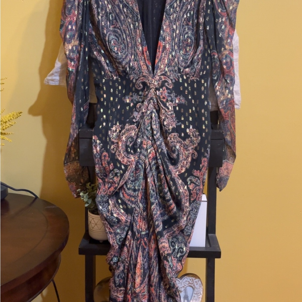 Rococo Sand Black and Orange Paisley Long Sleeve Dress